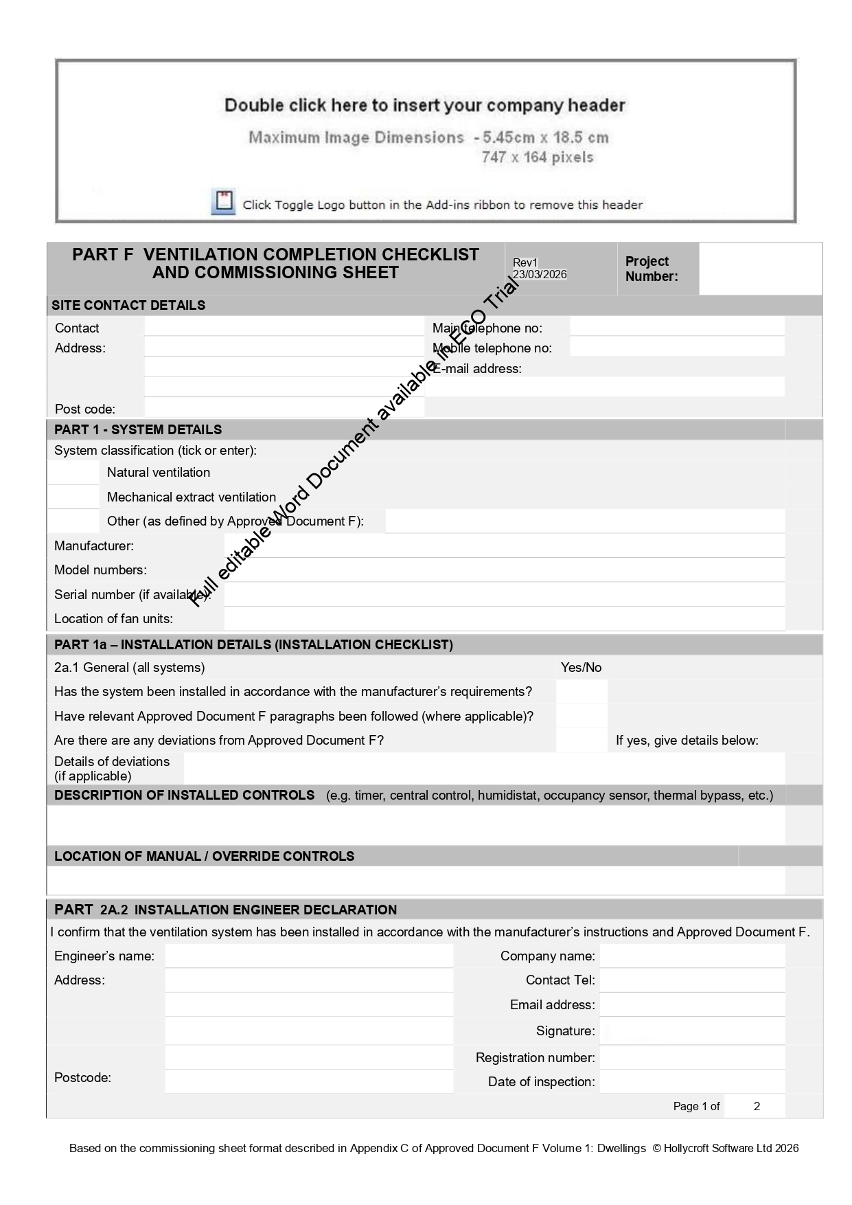 Part F Ventilation Commissioning Sheet — Page 1 preview